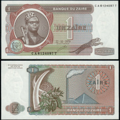 ZAIR █ bancnota █ 1 Zaire █ 1979 █ P-19a █ UNC █ necirculata