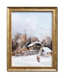 Cumpara ieftin Tablou peisaj de iarna pictat manual inramat, 45x35cm ulei pe panza, rama din lemn, Geo Ungureanu