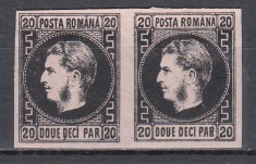 ROMANIA 1867 LP 20 c REGELE CAROL I CU FAVORITI 20 PARALE HARTIE SUBTIRE NEGRU/HARTIE ROZ PERECHE ORIZONTALA LIPSA GUMA