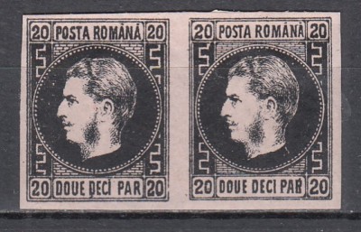 ROMANIA 1867 LP 20 c REGELE CAROL I CU FAVORITI 20 PARALE HARTIE SUBTIRE NEGRU/HARTIE ROZ PERECHE ORIZONTALA LIPSA GUMA foto