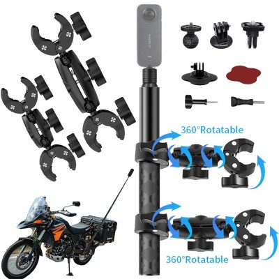 Set prindere motocicleta: selfie stick + 2x clema dubla camere Insta360 X2 X3 X4 X5 GoPro Dji Osmo Action 3 4 5 Pro foto