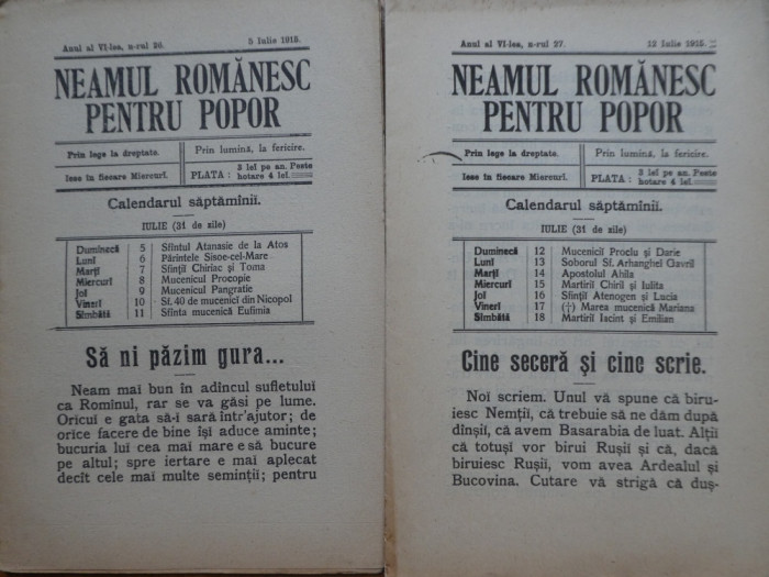 Neamul romanesc pentru popor, director Nicolae Iorga, 1915, 4 numere