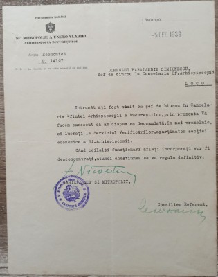 Document Arhiepiscopia Bucurestilor semnat de Patriarhul Nicodim Munteanu 1939 foto