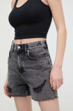 Cumpara ieftin Tommy Jeans pantaloni scurți femei, culoarea gri, uni, high waist, DW0DW17652