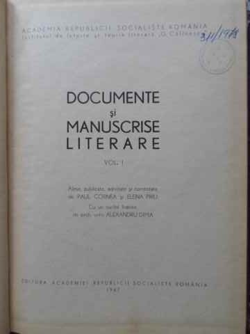 DOCUMENTE SI MANUSCRISE LITERARE VOL.1-COLECTIV
