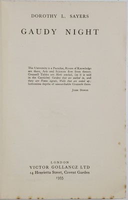 GAUDY NIGHT by DOROTHY L. SAYERS - LONDRA, 1935, ED. I foto