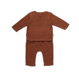 Cumpara ieftin Set bluzita petrecuta si pantaloni lungi din muselina, BabyCosy, 100% bumbac organic, Caramiziu (Marime: 6-9 luni)