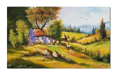 Tablou peisaj rural pictat manual, Plaiuri mioritice, 100x60cm ulei pe panza, Constantin Feraru foto