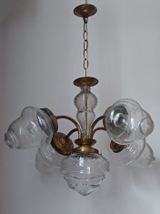 Candelabru antic Art Nouveau, din bronz, abajururi din cristal gravat, 5 brate foto