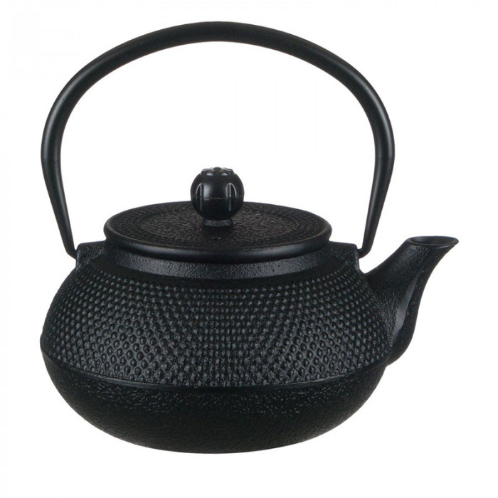 Ceainic fonta tip chinezesc Sakura Tea, 600 ml, sita inclusa, puncte in relief, Negru