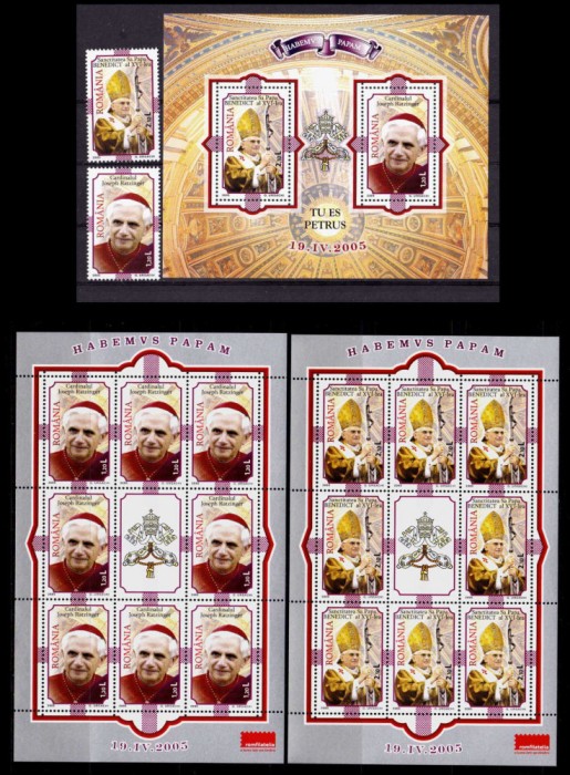 ✅RO 2005 ,LP 1690+a+b ,&quot; Papa Benedict al XVI-lea &quot;,serie+bloc+mcoli,complet,MNH