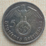 (A385) MONEDA DIN ARGINT GERMANIA - 5 MARK 1938, LIT. A, VARIANTA CU SVASTICA, Europa