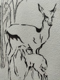 Tablou decorativ - Căprioară cu pui, grafică semnat, Animale, Cerneala, Realism