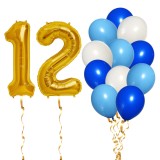 Set 14 Baloane Aniversare 12 Ani Baiat Albastru Ropet: 2 Folie Aurii 81cm + 12 Latex 30cm - Decor Petrecere Copii