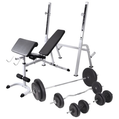 Bancă fitness cu rastel greutăți, set de haltere/gantere, 90 kg foto