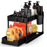 Organizator Multifunctional pentru Baie sau Bucatarie, 2 niveluri, unul glisant, include carlige, 39.5 x 22x 39 cm, Negru