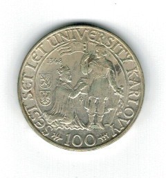 Cehoslovacia 1948 - 100 korun, Charles University, Ag, XF+/aUNC foto