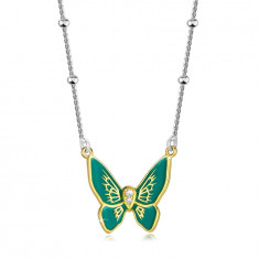 Colier argint 925 – fluture cu aripi verzi, corp zircon, mărgele netede