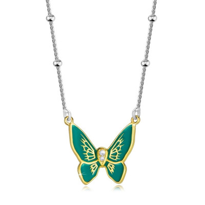 Colier argint 925 &amp;ndash; fluture cu aripi verzi, corp zircon, mărgele netede foto