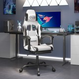 Scaun de gaming pivotant cu suport picioare alb&amp;negru piele eco