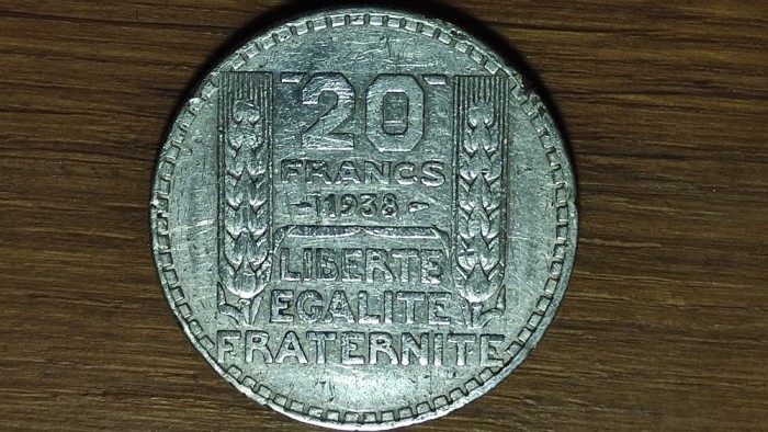Franta - moneda uriasa argint 20 gr. ⌀35mm - 20 franci / francs 1938 - stare buna !