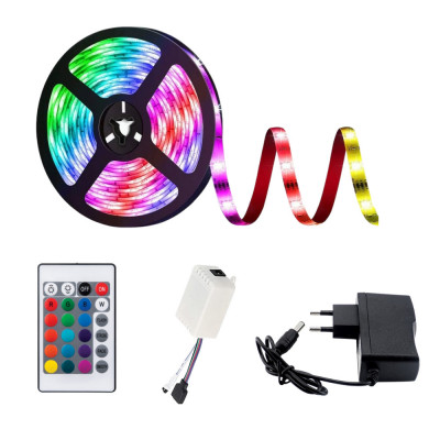 Banda LED 2835 multicolora, 5 metri, 12V, RGB, cu telecomanda foto