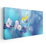 Tablou fluture galben pe ramura copac inflorit, albastru 1801 Tablou canvas pe panza CU RAMA 40x80 cm