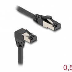 Cablu de retea RJ45 Cat.8.1 S/FTP drept/unghi 90 grade jos 0.5m Negru, Delock 80399
