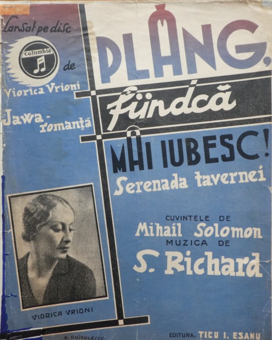 Partitura Plang fiindca mai iubesc; Serenada tavernei, interp. de Viorica Vrioni