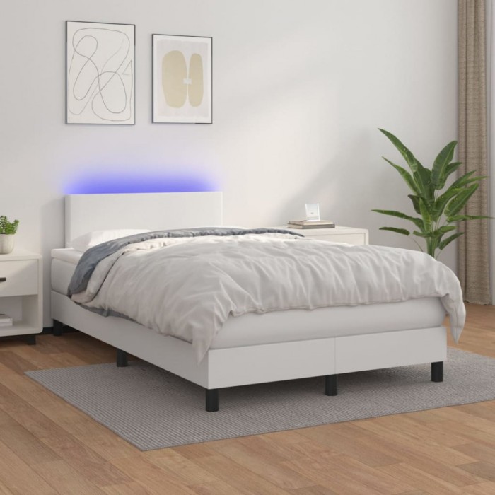 vidaXL Pat cu arcuri, saltea și LED, alb, 120x200 cm, piele ecologică 3134094