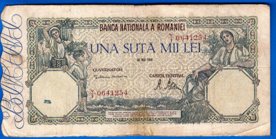 (42) BANCNOTA ROMANIA - 100.000 LEI 1946 (28 MAI 1946), FILIGRAN ORIZONTAL foto