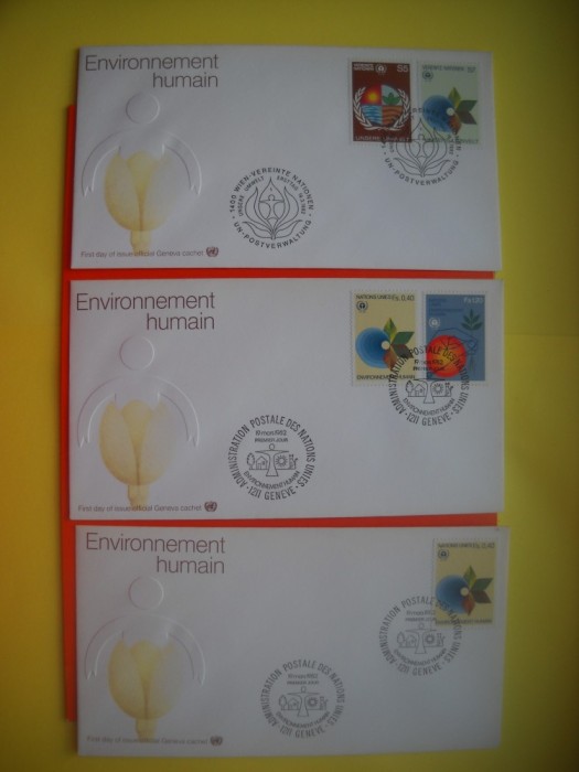 HOPCT PLIC FDC S NR 283 SET 3 FDC-PROTECTIA MEDIULUI INCONJURATOR 1982--ONU NATIUNILE UNITE-BIROUL DIN GENEVA ELVETIA