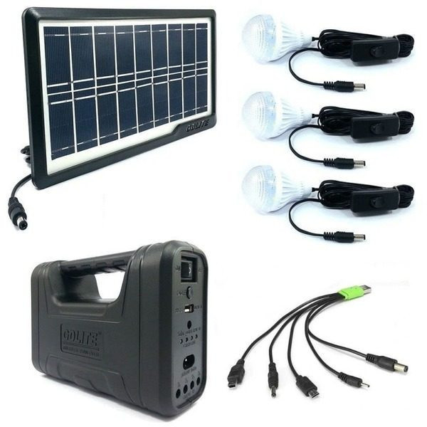 Kit sistem solar de iluminat portabil GDLITE GD-8017A cu 3 becuri, lanterna LED si USB