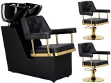 Set Scafă coafor profesională unitate de spălare model Ezra + 2 x scaune de coafură hidraulic pivotant pentru picioare și accesorii bol ceramic
