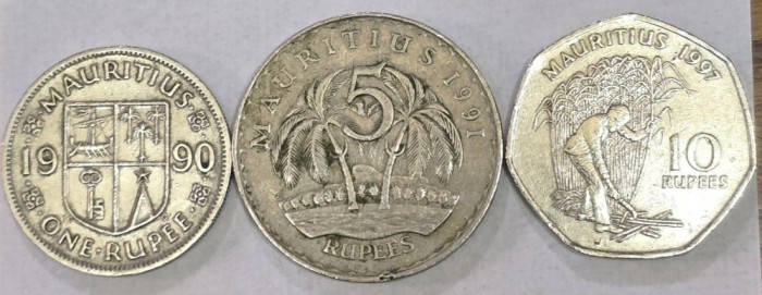 MAURITIUS Set / Lot 11 , 3 Monede : 1 Rupee 1990 + 5 Rupees 1991 + 10 Rupees 1997