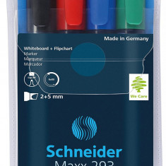 Marker Schneider Maxx 293, Pentru Tabla De Scris+flipchart, Varf Tesit 2-5mm, 4 Cul/set - (n,r,a,v)