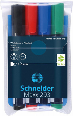 Marker Schneider Maxx 293, Pentru Tabla De Scris+flipchart, Varf Tesit 2-5mm, 4 Cul/set - (n,r,a,v) foto