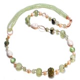 Cumpara ieftin Colier Argint 925 placat aur roz cuart rutilat verde &amp; perle cultura 80cm - Bijuterie handmade Italia, cutie cadou