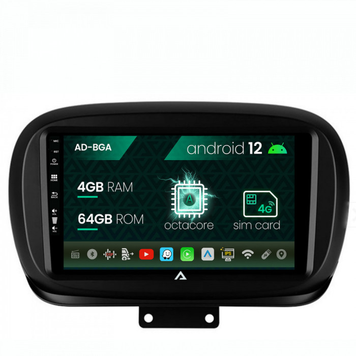 Navigatie Fiat 500X (2014-2020), Android 12, A-Octacore 4GB RAM + 64GB ROM, 9 Inch - AD-BGA9004+AD-BGRKIT362