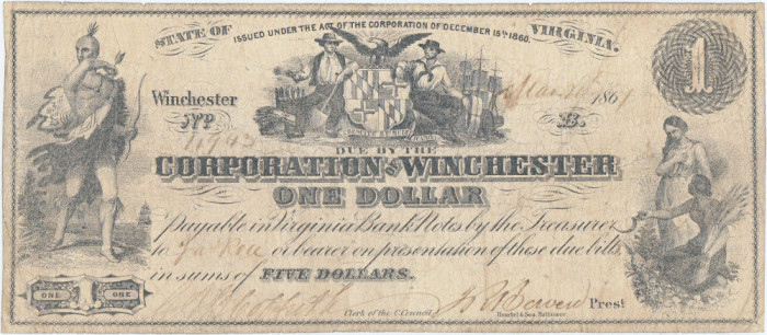 1861, 1 Dollar - Corporation of Winchester - Winchester, Virginia - SUA