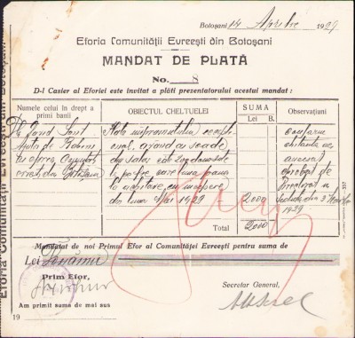 HST A2069 Mandat 1929 Eforia Comunității Evreiești Botoșani foto