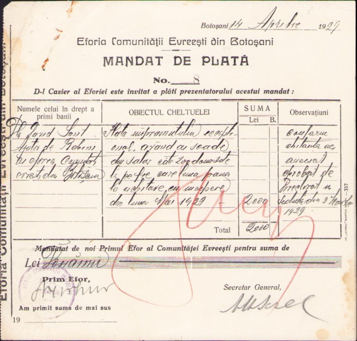 HST A2069 Mandat 1929 Eforia Comunității Evreiești Botoșani