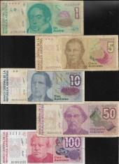 Set Argentina 1 + 5 + 10 + 50 + 100 australes VG-F foto