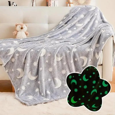 Patura luna fosforescenta gri, flanel moale 130x150 cm, patura pufoasa luminoasa cu stele, decor modern pentru dormitor, patura calduroasa foto