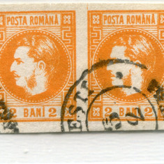 1868 , Lp 21 , Carol I cu favoriti 2 Bani portocaliu , pereche - stampilata