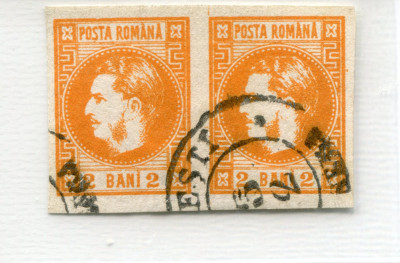 1868 , Lp 21 , Carol I cu favoriti 2 Bani portocaliu , pereche - stampilata foto