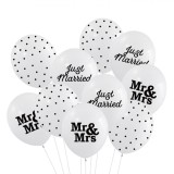 Set Baloane Nuntă, Latex, Imprimeu Mr &amp; Mrs, Just Married, Buline, Alb, 30cm, 10 Bucăți, Oem