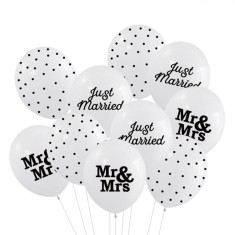 Set Baloane Nuntă, Latex, Imprimeu Mr &amp; Mrs, Just Married, Buline, Alb, 30cm, 10 Bucăți