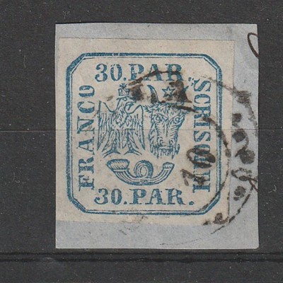 Principatele Unite LP13 Emisiunea II 30 Parale Albastru 1864 tipar de masina pe fragment foto