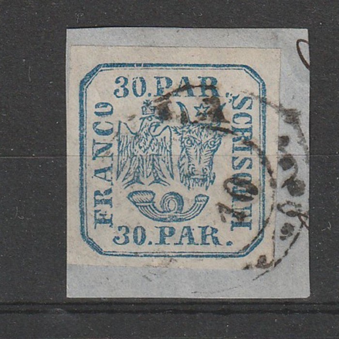 Principatele Unite LP13 Emisiunea II 30 Parale Albastru 1864 tipar de masina pe fragment